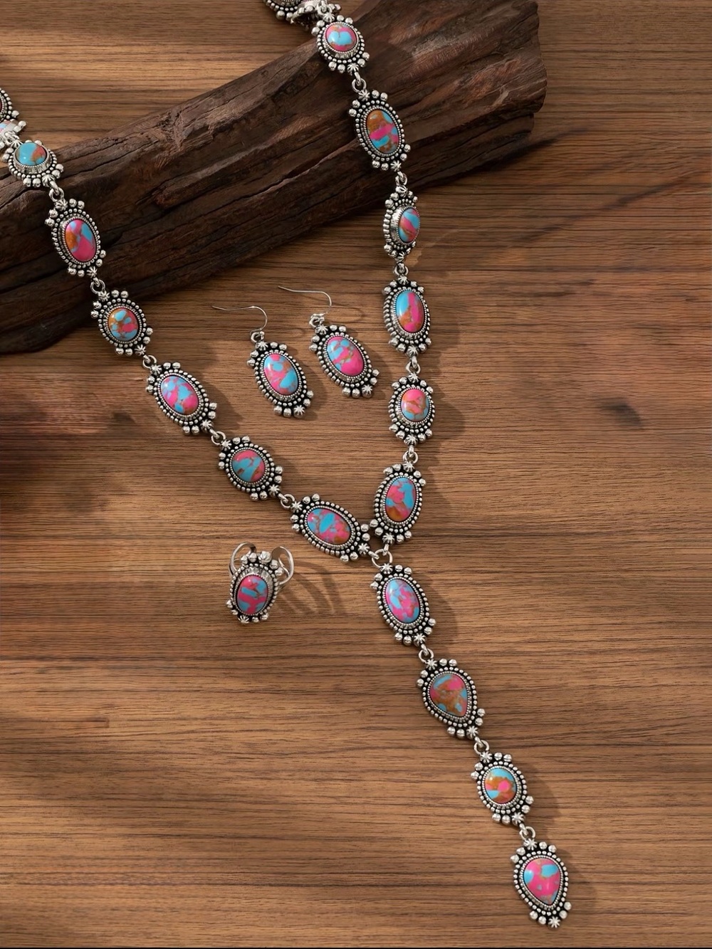 Silver Pink Turquoise look Teardrop Stone Necklace, Earrings & Ring Set